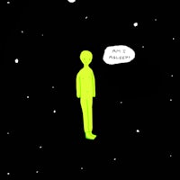 a green alien standing in space with a speech bubble saying i'm awake