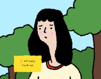 a cartoon of a woman holding a sign that says i'm going to go