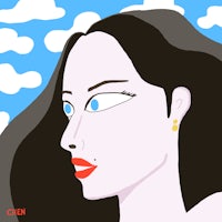 an illustration of a woman with long hair and blue eyes